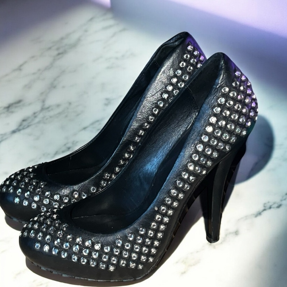 Dolce Vita Italian Sexy Studded Rhinestone Crystal Black Leather High Heels